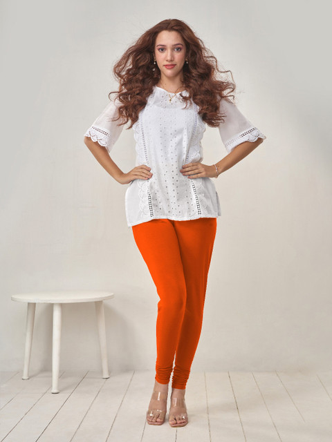 LYRA Women Orange Solid Cotton Churidar Leggings - Image 6