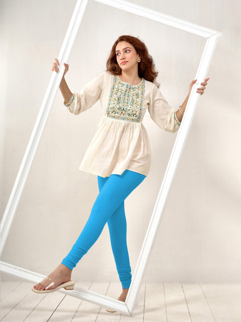 LYRA Women Blue Solid Churidar Length Leggings - Image 6