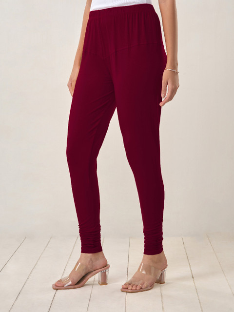 LYRA Women Maroon Solid Churidar Length Leggings - Image 4