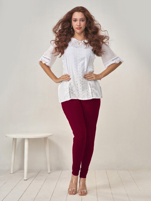 LYRA Women Maroon Solid Churidar Length Leggings - Image 6