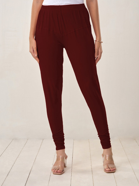 LYRA Women Maroon Solid Churidar-Length Leggings - Image 2