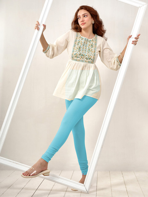 LYRA Women Blue Solid Churidar-Length Leggings - Image 6