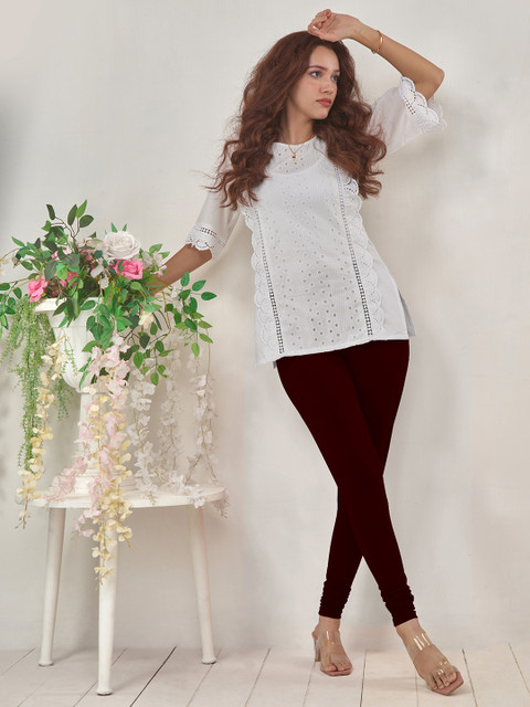 LYRA Women Burgundy-Coloured Solid Churidar-Length Leggings