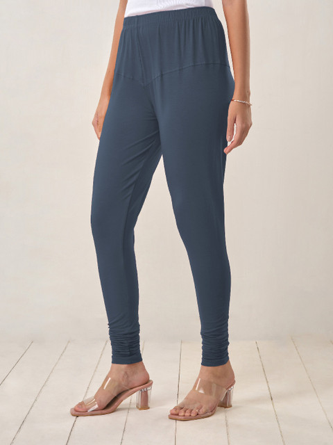 LYRA Women Blue Solid Churidar-Length Leggings - Image 4