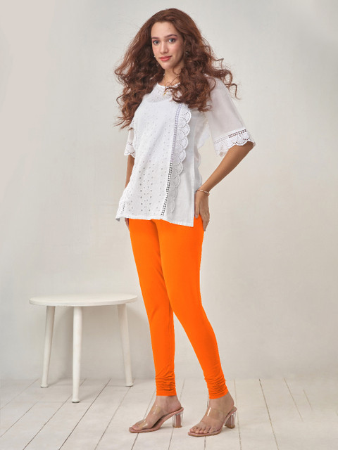 LYRA Women Orange Solid Churidar-Length Leggings