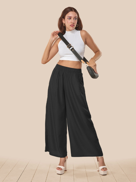 LYRA Women Black Flared Knitted Cotton Palazzos