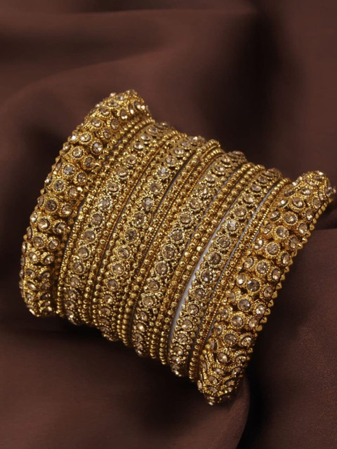 I Jewels Set of 14 Gold-Plated & Toned Artificial Stones Studded Textured Bangles