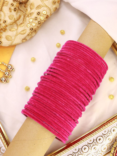 I Jewels Women Set Of 48 Pink Solid Metal velvet Bangles
