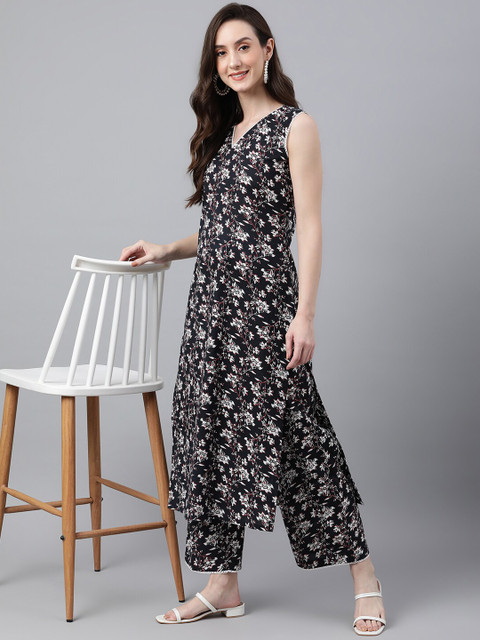 Janasya Women Black Cotton Floral Print Tunic With Palazzo - Image 6