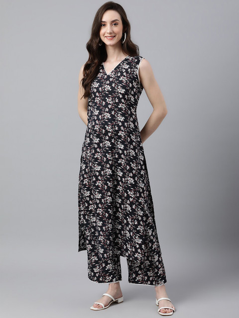 Janasya Women Black Cotton Floral Print Tunic With Palazzo