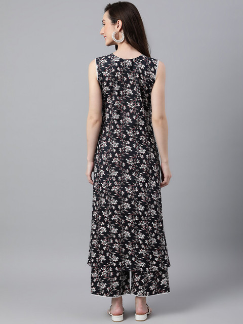 Janasya Women Black Cotton Floral Print Tunic With Palazzo - Image 5