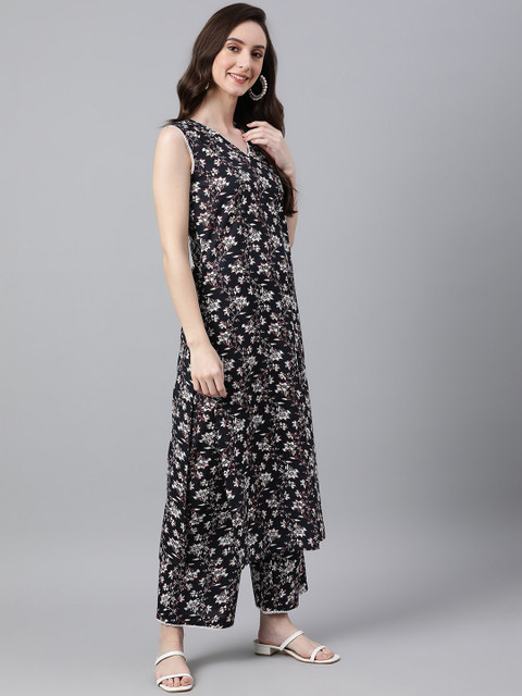 Janasya Women Black Cotton Floral Print Tunic With Palazzo - Image 4