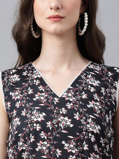 Janasya Women Black Cotton Floral Print Tunic With Palazzo - Image 2