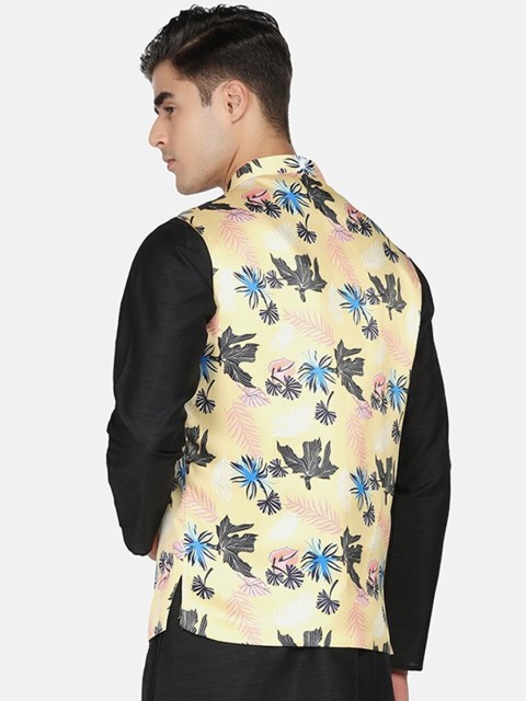 TAHVO Men Yellow & Black Printed Nehru Jacket - Image 3