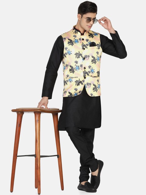 TAHVO Men Yellow & Black Printed Nehru Jacket - Image 5
