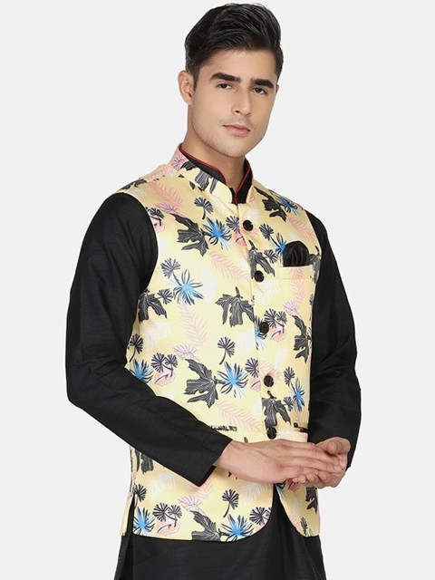 TAHVO Men Yellow & Black Printed Nehru Jacket - Image 2