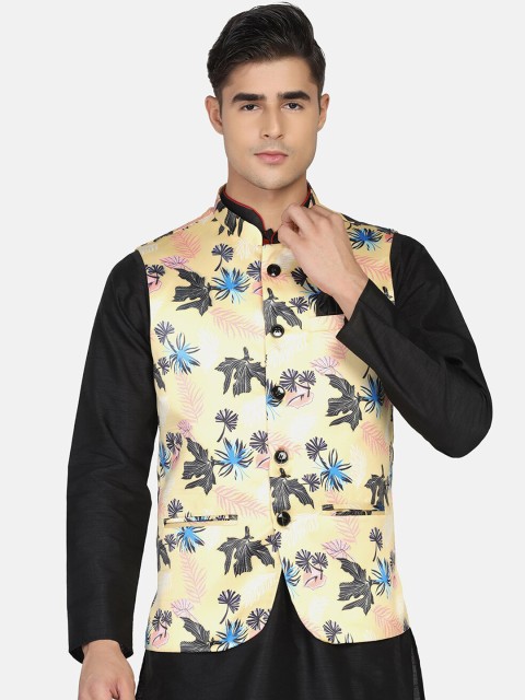 TAHVO Men Yellow & Black Printed Nehru Jacket