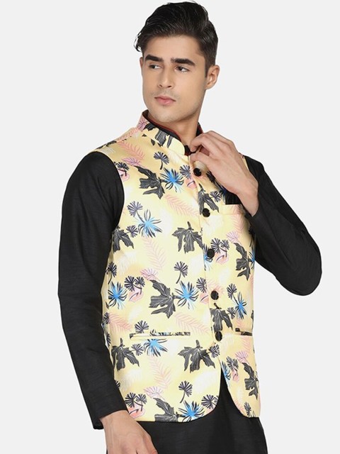 TAHVO Men Yellow & Black Printed Nehru Jacket - Image 6