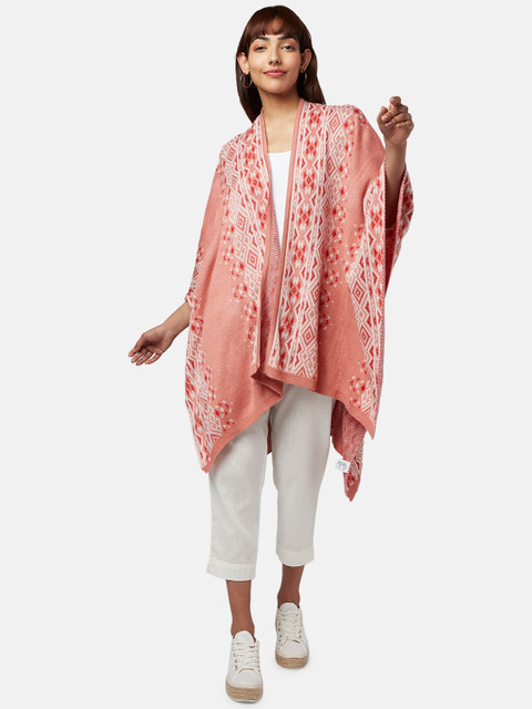 AKKRITI BY PANTALOONS Women Peach-Coloured & White Printed Shrug