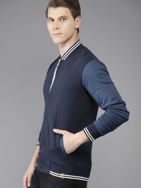 Campus Sutra Men Navy Blue Colourblocked Windcheater Cotton Varsity Jacket - Image 3
