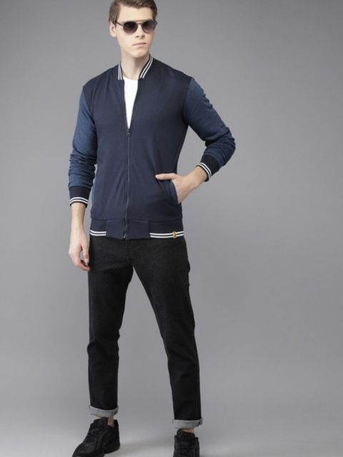 Campus Sutra Men Navy Blue Colourblocked Windcheater Cotton Varsity Jacket - Image 5