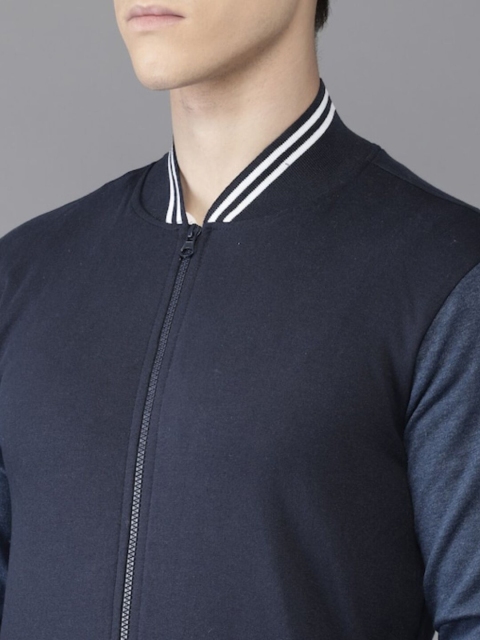 Campus Sutra Men Navy Blue Colourblocked Windcheater Cotton Varsity Jacket - Image 2