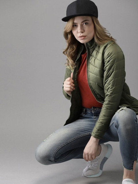 Campus Sutra Women Olive Green Windcheater Padded Jacket