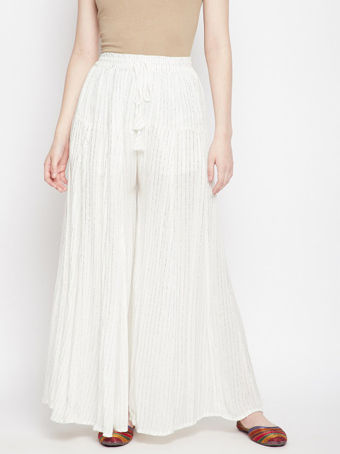 Clora Creation Women White Striped Flared Ethnic Palazzos