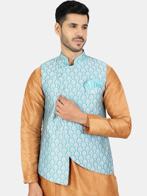 Wintage Men Blue Woven Design Nehru Jacket