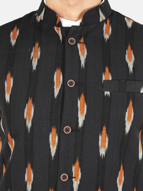 Wintage Men Black & Orange Printed Woven Pure Cotton Nehru Jacket - Image 2