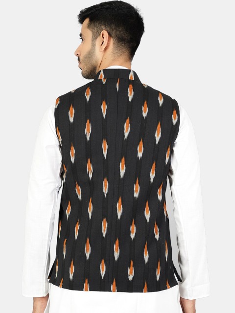 Wintage Men Black & Orange Printed Woven Pure Cotton Nehru Jacket - Image 4
