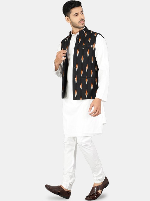 Wintage Men Black & Orange Printed Woven Pure Cotton Nehru Jacket - Image 5