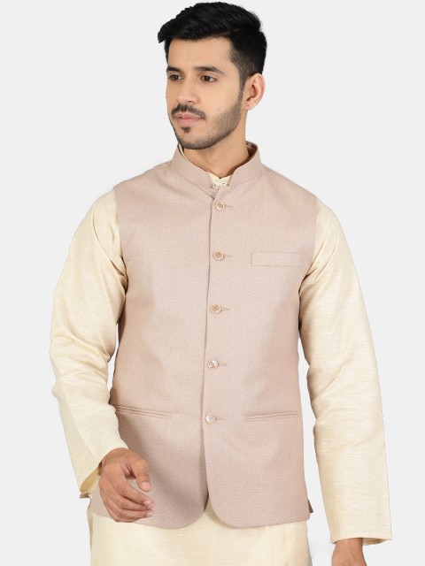 Wintage Men Beige Solid Woven Nehru Jackets