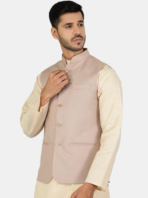 Wintage Men Beige Solid Woven Nehru Jackets - Image 3