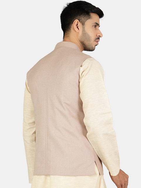Wintage Men Beige Solid Woven Nehru Jackets - Image 4
