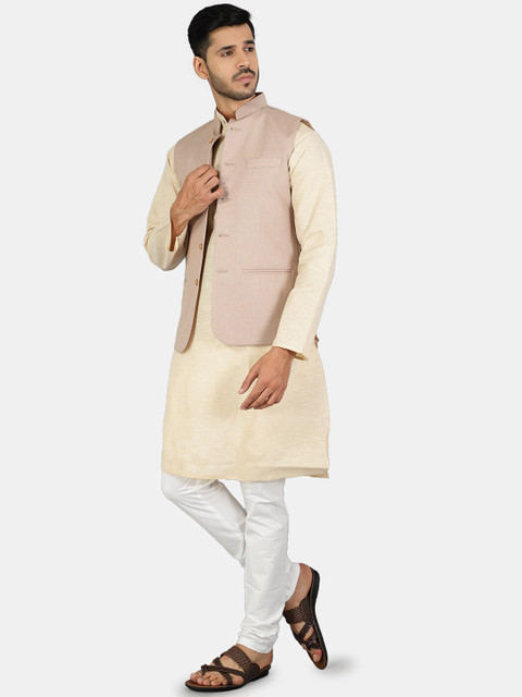Wintage Men Beige Solid Woven Nehru Jackets - Image 5