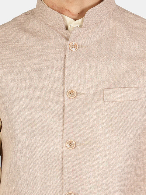 Wintage Men Beige Solid Woven Nehru Jackets - Image 2