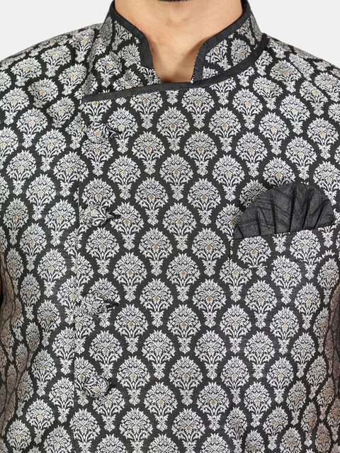 Wintage Men Black & Silver Printed Woven Nehru Jacket - Image 2