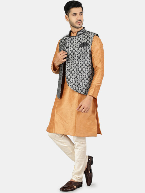 Wintage Men Black & Silver Printed Woven Nehru Jacket - Image 5