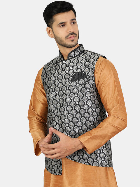 Wintage Men Black & Silver Printed Woven Nehru Jacket - Image 3