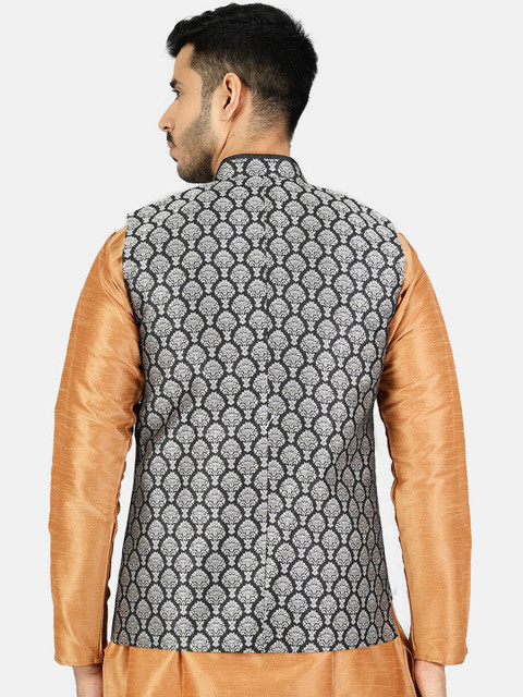 Wintage Men Black & Silver Printed Woven Nehru Jacket - Image 4