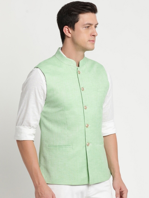 Turtle Men Sea Green Solid Nehru Jacket - Image 3