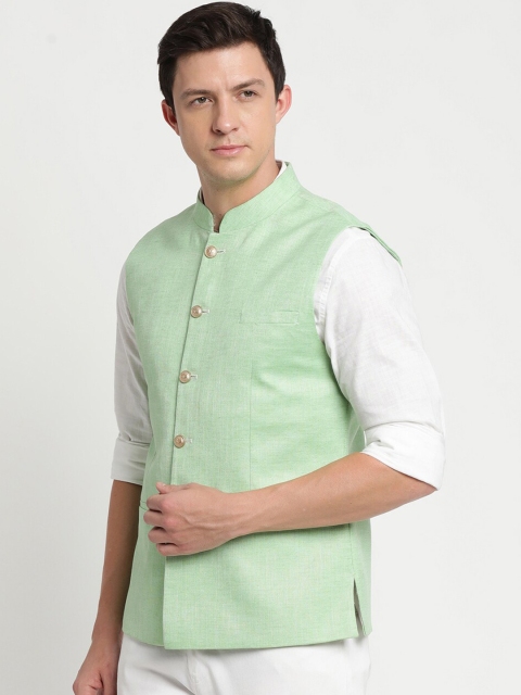 Turtle Men Sea Green Solid Nehru Jacket - Image 4