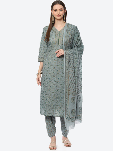 Biba Women Grey & Gold-Toned Printed Cotton Blend Unstitched Dress Material