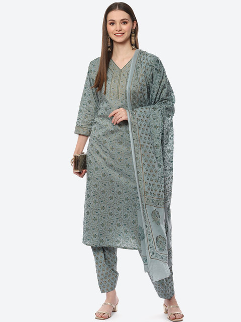 Biba Women Grey & Gold-Toned Printed Cotton Blend Unstitched Dress Material - Image 7