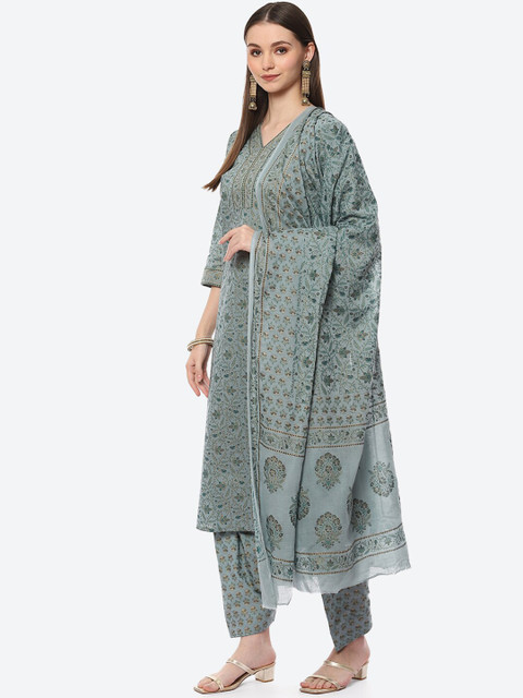 Biba Women Grey & Gold-Toned Printed Cotton Blend Unstitched Dress Material - Image 5