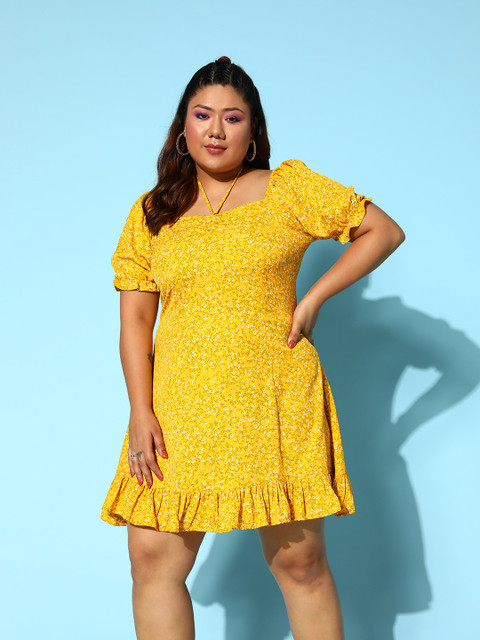 Berrylush Curve Plus Size Yellow Floral Crepe A-Line Dress - Image 2