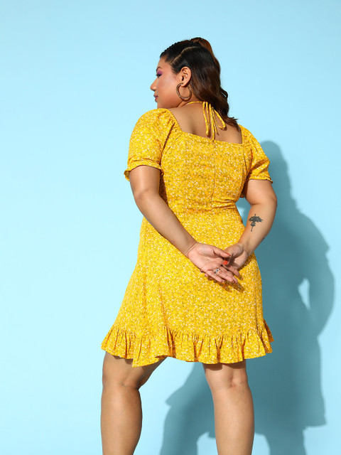 Berrylush Curve Plus Size Yellow Floral Crepe A-Line Dress - Image 5