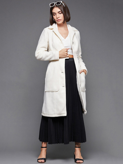 Miss Chase Women Off White Fur fleece Longline Overcoat
