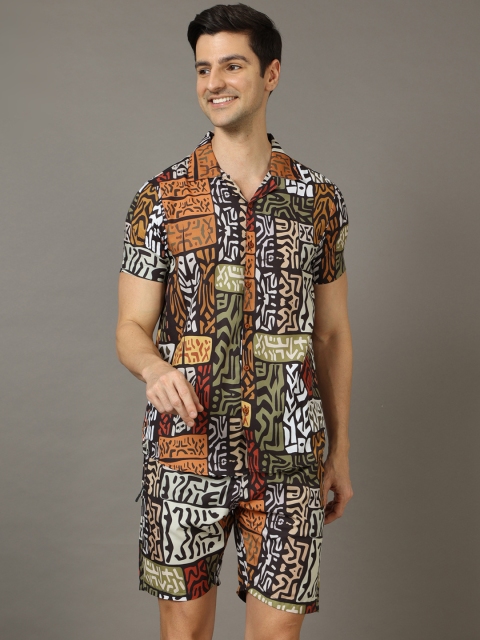 Bushirt Men Black & Brown Printed Nightsuit